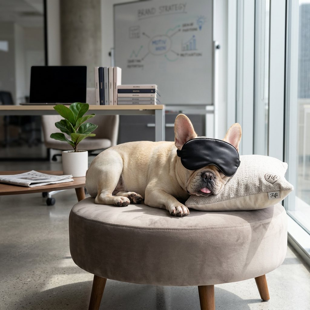 Fifi wearing a sleep mask during an important meeting